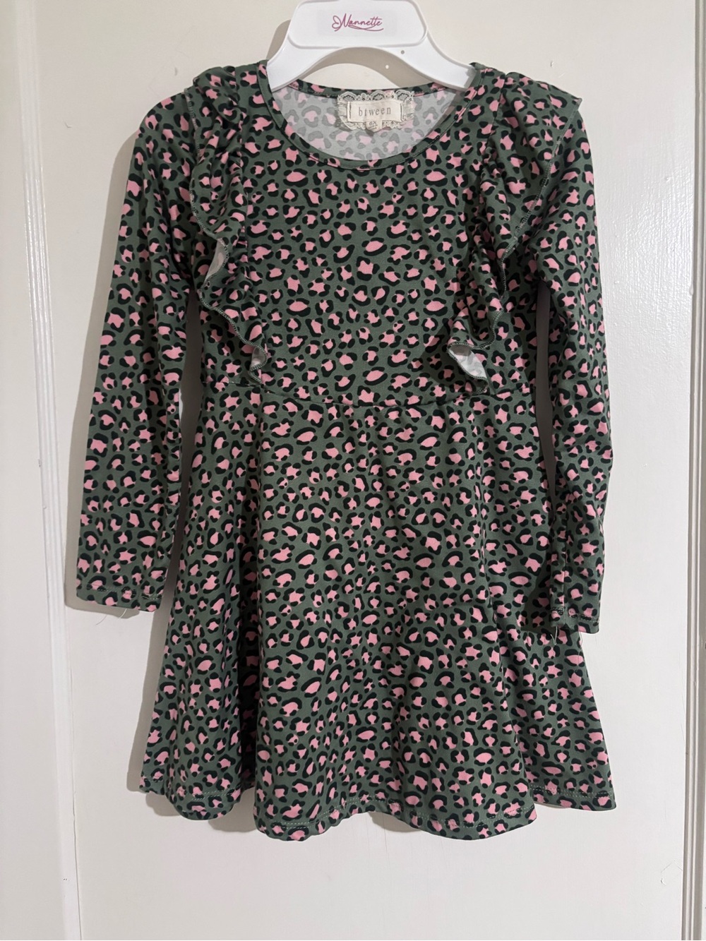 B'Gosh Girls' Pink & Green Leopard Print Long-Sleeve Dress